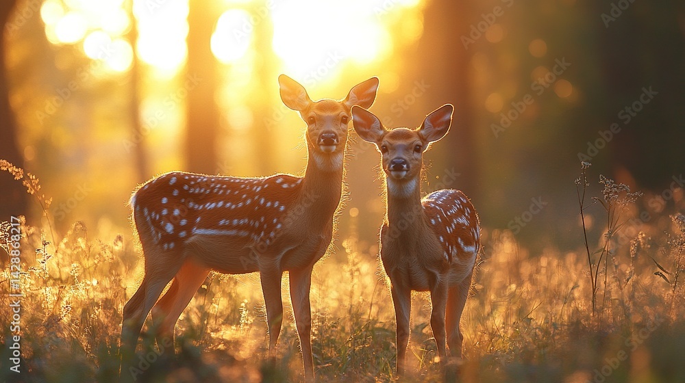 Fototapeta premium Peaceful wildlife scene with two deer alert in a natural woodland setting during golden hour