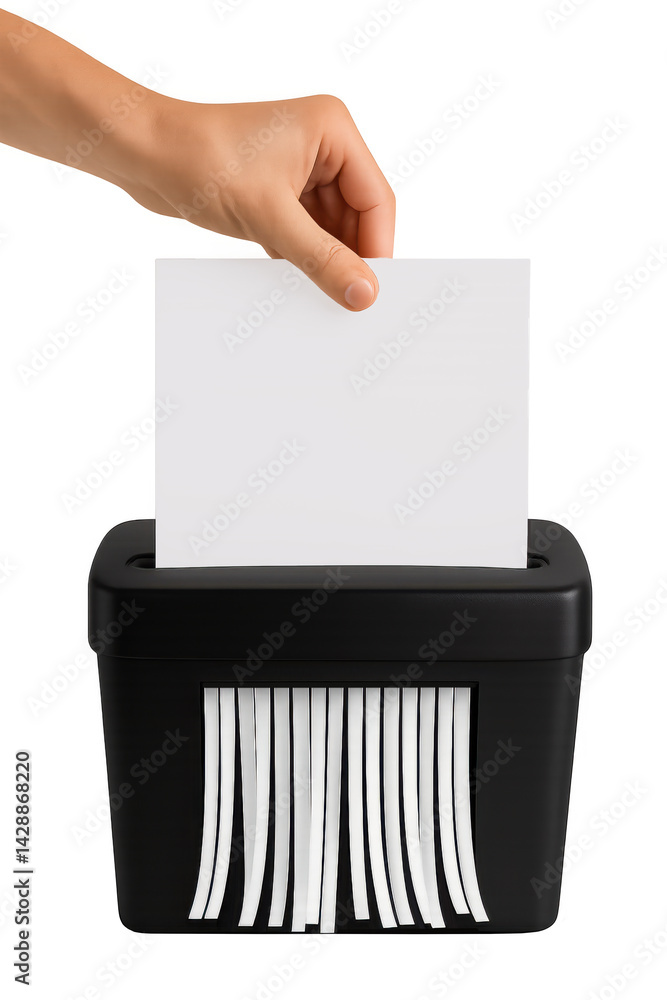 Office worker shredding documents with paper shredder on transparent background