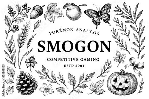 Creative and artistic black and white floral design with mythical elements featuring a unique competitive gaming theme