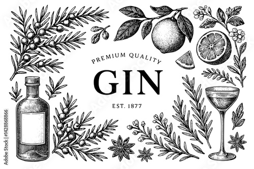 Premium quality gin showcased with botanical illustrations highlighting freshness and flavor in a timeless design
