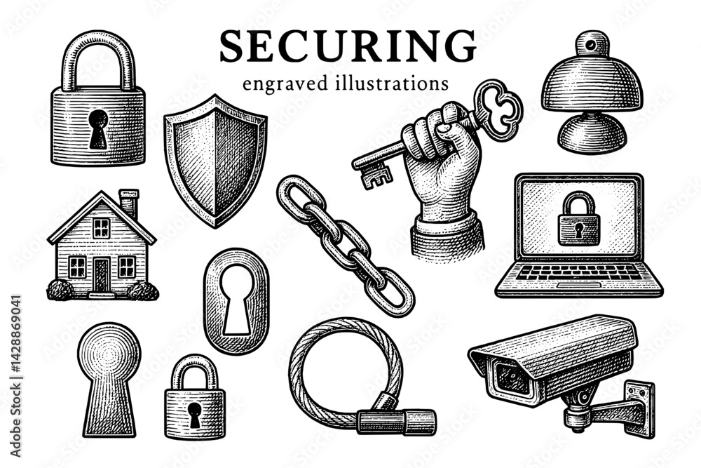 Fototapeta premium Intricate engravings of security symbols showcase the importance of safety in modern life