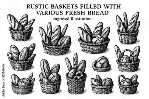 Rustic baskets brimming with an assortment of freshly baked bread captured in charming engravings