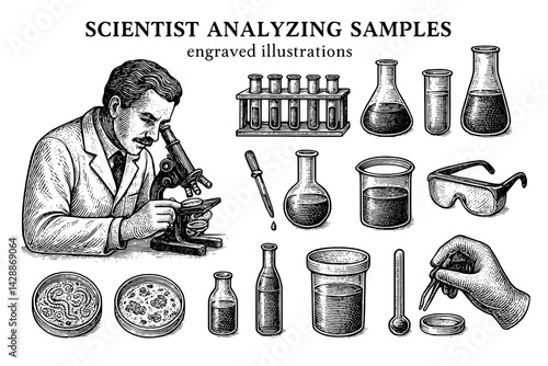 Engraved illustrations capturing a scientist deeply focused on analyzing samples in a vintage laboratory setting
