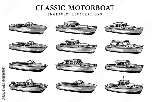 Engraved illustrations of classic motorboats showcasing diverse designs and styles across various angles