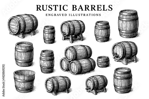 Rustic wooden barrels displayed in various shapes and sizes showcasing artisanal craftsmanship in a vintage style