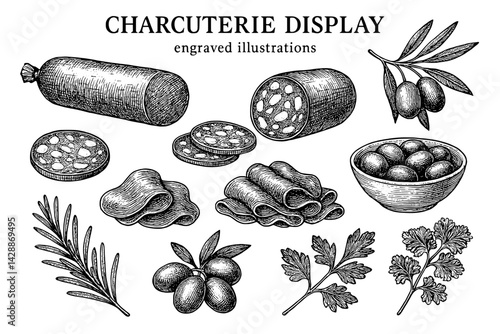 Artfully arranged charcuterie display featuring various cured meats, cheeses, and olives illustrated in intricate engravings