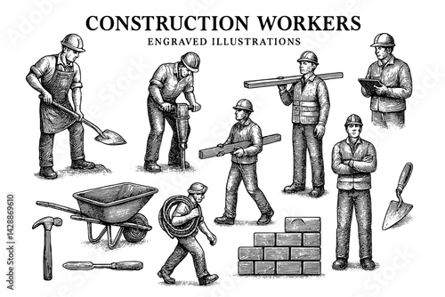 Engraved illustrations of hardworking construction workers engaged in various tasks in a bustling city environment