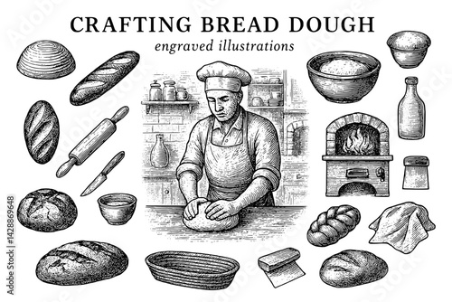 Creating artisan bread dough in a rustic kitchen with traditional tools and ingredients highlighted in a detailed illustration