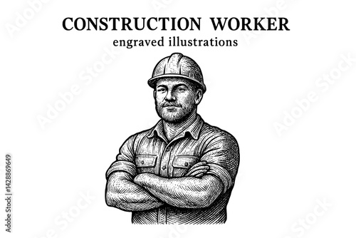 Muscular construction worker stands proudly in hard hat and work attire, showcasing craftsmanship at a job site on a sunny day