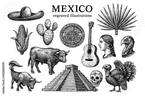 Vibrant engravings capturing the rich culture and traditions of Mexico through symbols of heritage and nature