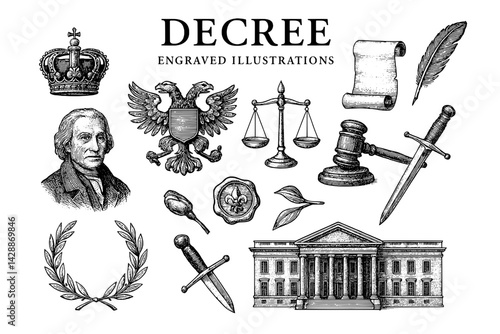 Historic engravings showcasing symbols of law, justice, and governance with intricate details featuring a crown, gavel, and eagle illustration