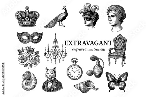 Intricate engravings capture the essence of opulence with peacock, vintage elegance and lavish motifs from another era