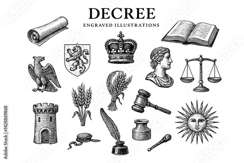 Engaging collection of vintage engraved illustrations featuring symbols of law, authority, and nature in a classic style