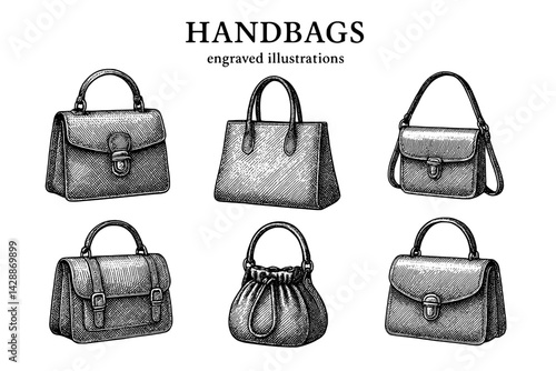 Unique collection of stylish handbags showcased in detailed engravings from a vintage fashion sketchbook