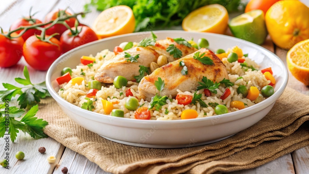 Savory Grilled Chicken Breast with Fluffy Rice and a Medley of Colorful Vegetables in a Bowl Savory Grilled Chicken Breast with Fluffy Rice and a Medley of Colorful Vegetables in a Bowl