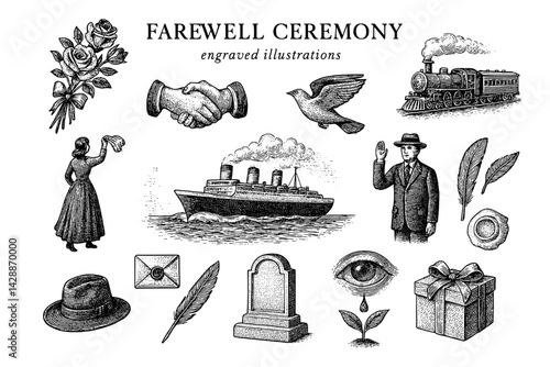 Emotional farewell ceremony captured through intricate engraved illustrations showcasing moments of parting and remembrance