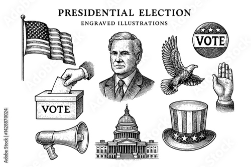 Engraved illustrations capturing the spirit of democracy during a presidential election in the United States