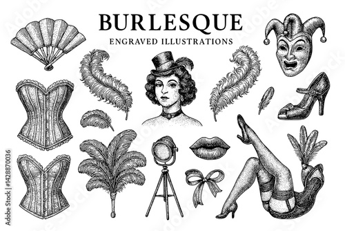 Engravings of burlesque art showcasing elegance, allure, and vintage charm from a bygone era illuminated by intricate designs