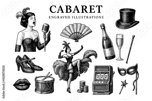 Artistic collage depicting lively cabaret culture with vintage illustrations showcasing performance, entertainment, and celebration