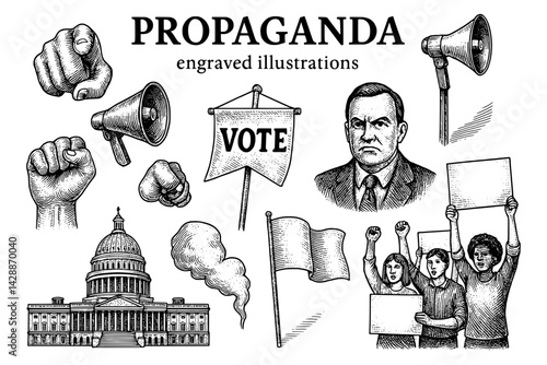 Engraved illustrations reflecting the power of protest, voting, and civic engagement in a historical context