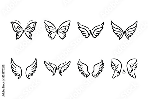 Black and White Wing Icons Set Line Art vector design or tattoo art illustration