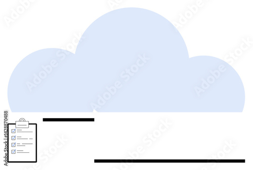 Light blue cloud with checklist on clipboard and horizontal data connections. Ideal for technology, organization, planning, data sharing, cloud services, productivity, IT concepts. Flat simple