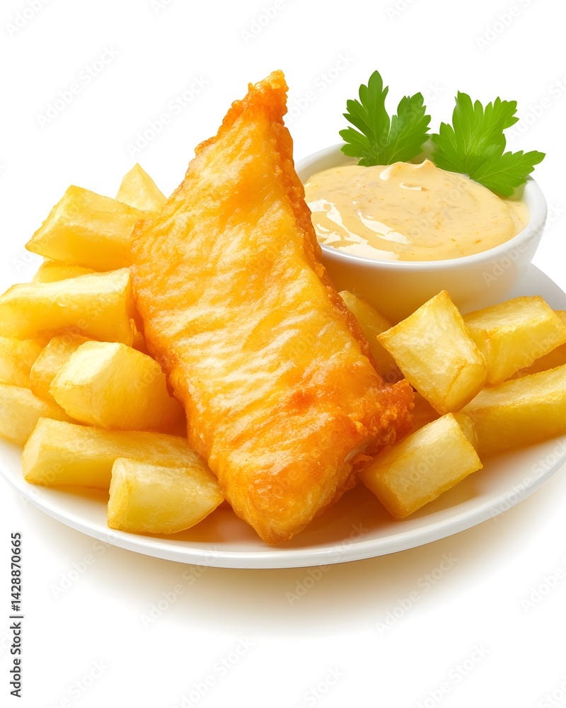 Crispy fried fish fillet served with golden chips and tartar sauce Crispy fried fish fillet served with golden chips and tartar sauce