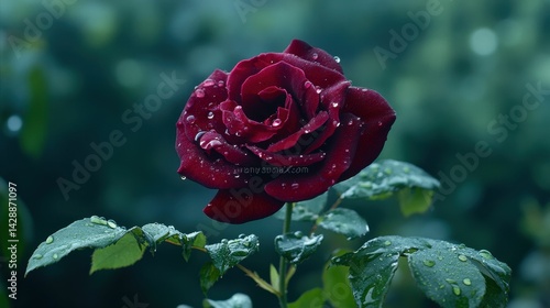 Dark red rose, rain droplets, green leaves.