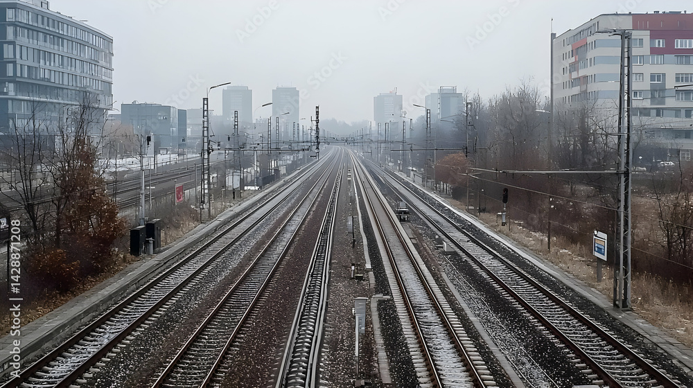Fototapeta premium Snowy Train Tracks In Urban Cityscape