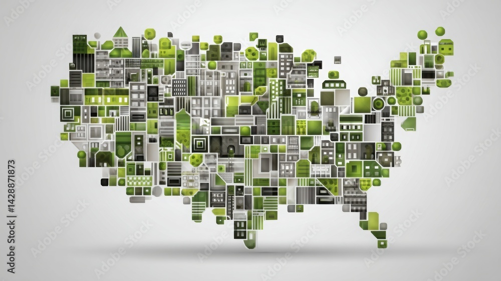 Obraz premium Creative map of the united states composed of green and gray buildings highlighting green taxation and urban development