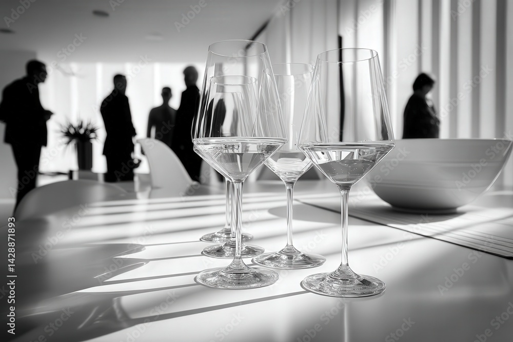 Elegant Glassware with Silhouetted People in Modern Interior Setting