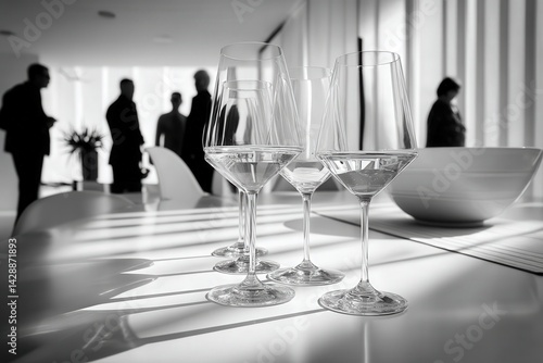 Obraz na płótnie Elegant Glassware with Silhouetted People in Modern Interior Setting w salonie