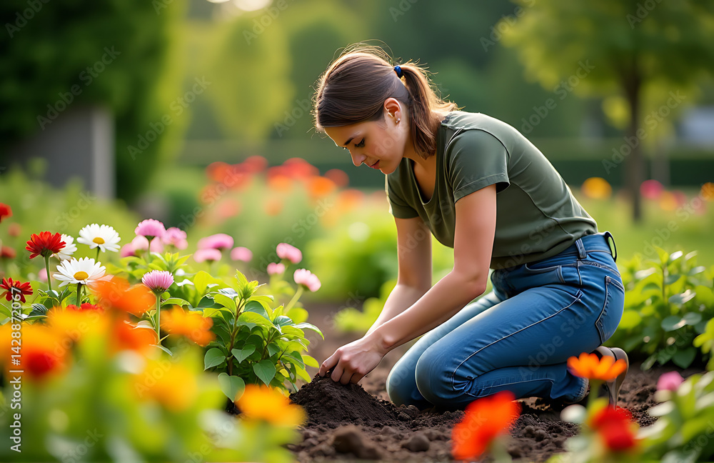 Gardener Planting Flowers In Community Garden Labor Day Photo Style 8