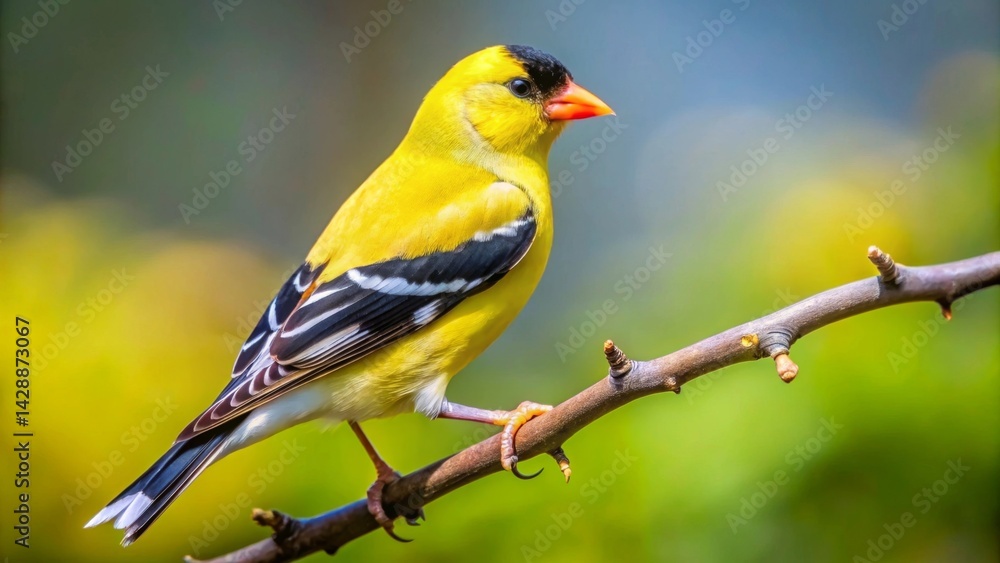 A Vivid Yellow Bird Perched on a Slender Branch, Basking in the Warm Sunlight of a Spring Day A Vivid Yellow Bird Perched on a Slender Branch, Basking in the Warm Sunlight of a Spring Day
