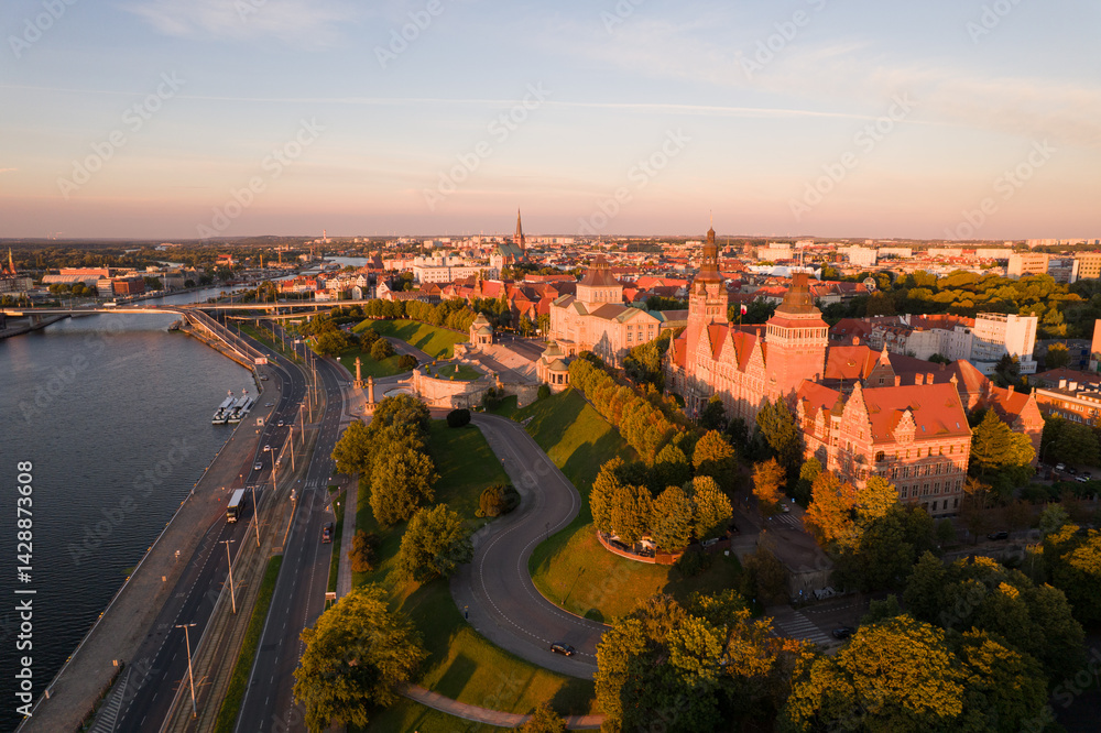 Szczecin's Waterfront Cityscape Aerial View: Historical Architecture - the embankments of the Brave, Szczecin's Muzeum Narodowe