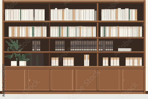 Brown bookshelf filled with books in flat style