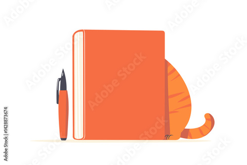 Orange book with pen and hidden cat tail illustration
