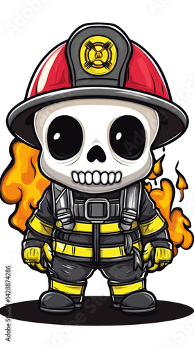 Chibi Skull Firefighter Illustration in Safety Gear with Flames