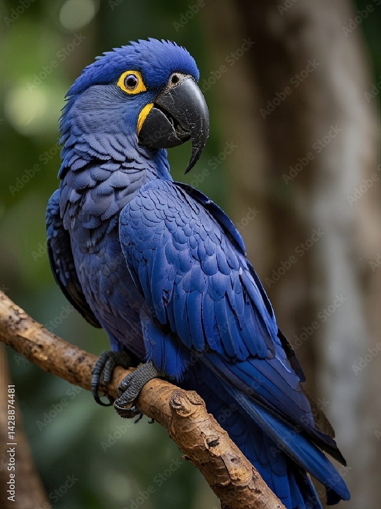 A vibrant Hyacinth Macaw sits on a tree branch, its bright blue feathers glowing in the soft light, its large black bill and bright yellow eye rings creating a bold contrast. AI generated.