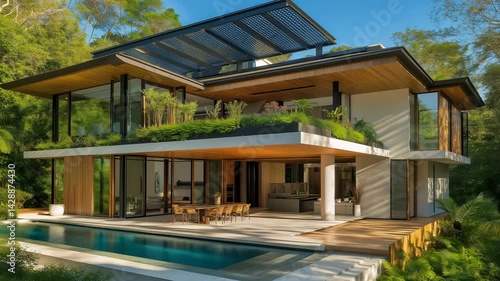 Wallpaper Mural Explore a modern house with large glass windows, green landscaping, a pool, and an open design set in a tropical environment Torontodigital.ca