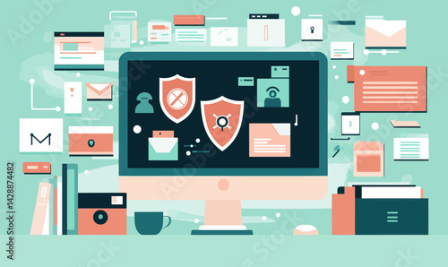 Computer Antivirus Software with Secure Shields and Network Protection in Minimalist Vector Style