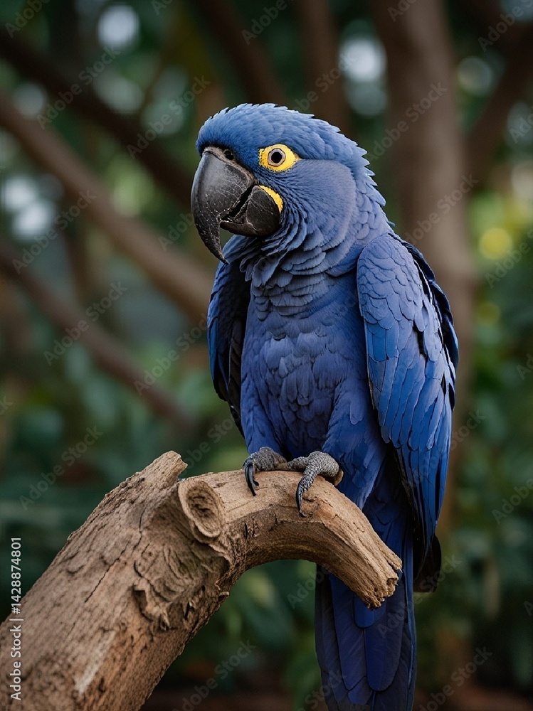 A vibrant Hyacinth Macaw sits on a tree branch, its bright blue feathers glowing in the soft light, its large black bill and bright yellow eye rings creating a bold contrast. AI generated.