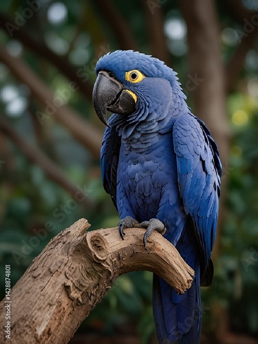 Obraz na płótnie A vibrant Hyacinth Macaw sits on a tree branch, its bright blue feathers glowing in the soft light, its large black bill and bright yellow eye rings creating a bold contrast. AI generated. w salonie
