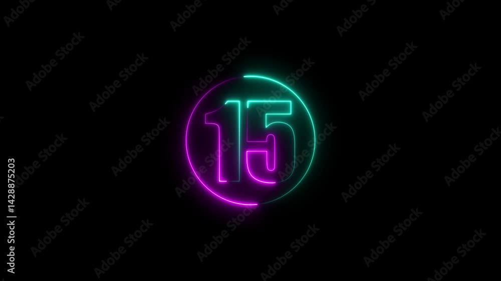 A circle with a purple neon icon on a black background and the text 15 in the middle of it. A circle with a purple neon icon on a black background and the text 15 in the middle of it.