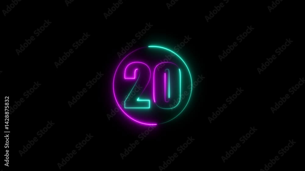 A circle with a purple neon icon on a black background and the text 20 in the middle of it. A circle with a purple neon icon on a black background and the text 20 in the middle of it.