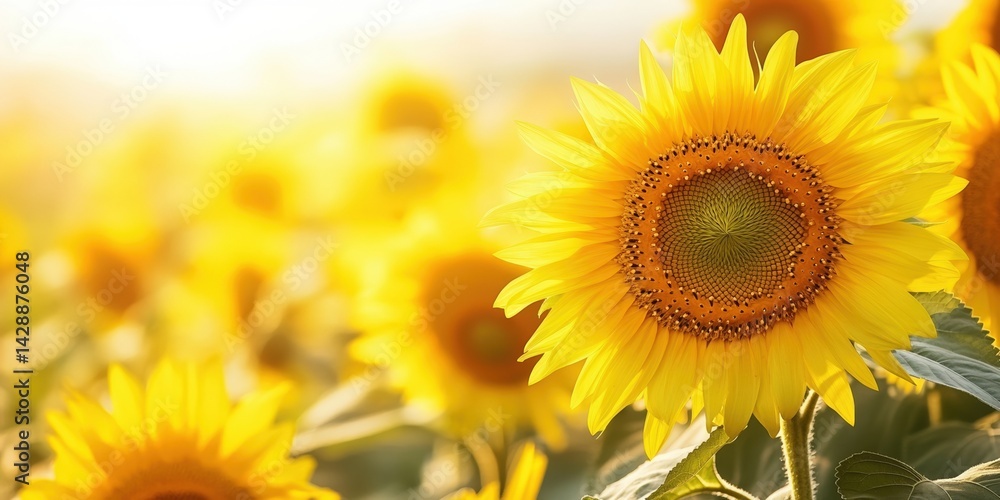Fototapeta premium Bright sunflower field in golden sunlight with one prominent flower in sharp focus against a soft blurred background