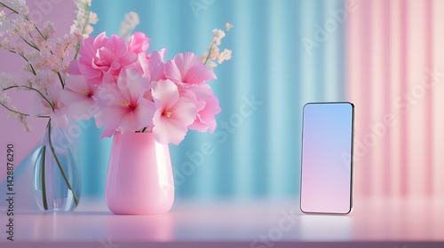 A stylish smartphone beside a pink vase with vivid flowers in a pastel setting.