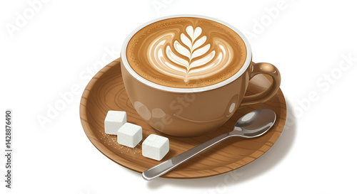 a cappuccino with leaf latte art on wooden saucer, with sugar cubes and a spoon, isolated on white