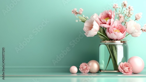 Beautiful pink flowers in a glass vase against a mint green backdrop.