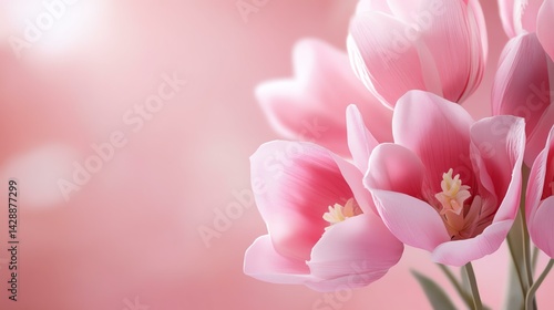 Beautiful pink tulips with soft petals, creating a tranquil and fresh atmosphere.
